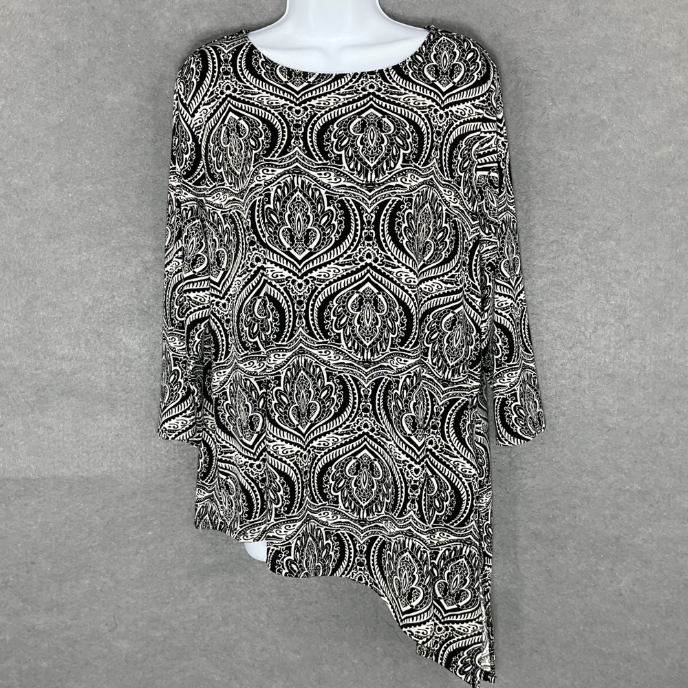 Chico's Easywear Tunic Top Black White‎ Asymmetrical Hem Stretch Boho Size 3 XL